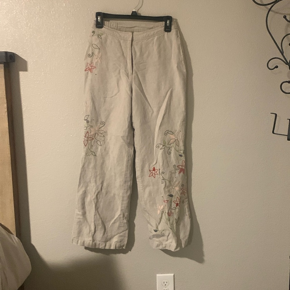 J Jill Linen floral embroidered linen pants